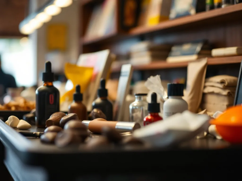 Un assortiment de cosmétiques au chocolat sur fond sombre, mêlant poudre de cacao, beurre de cacao brut et masques visage
