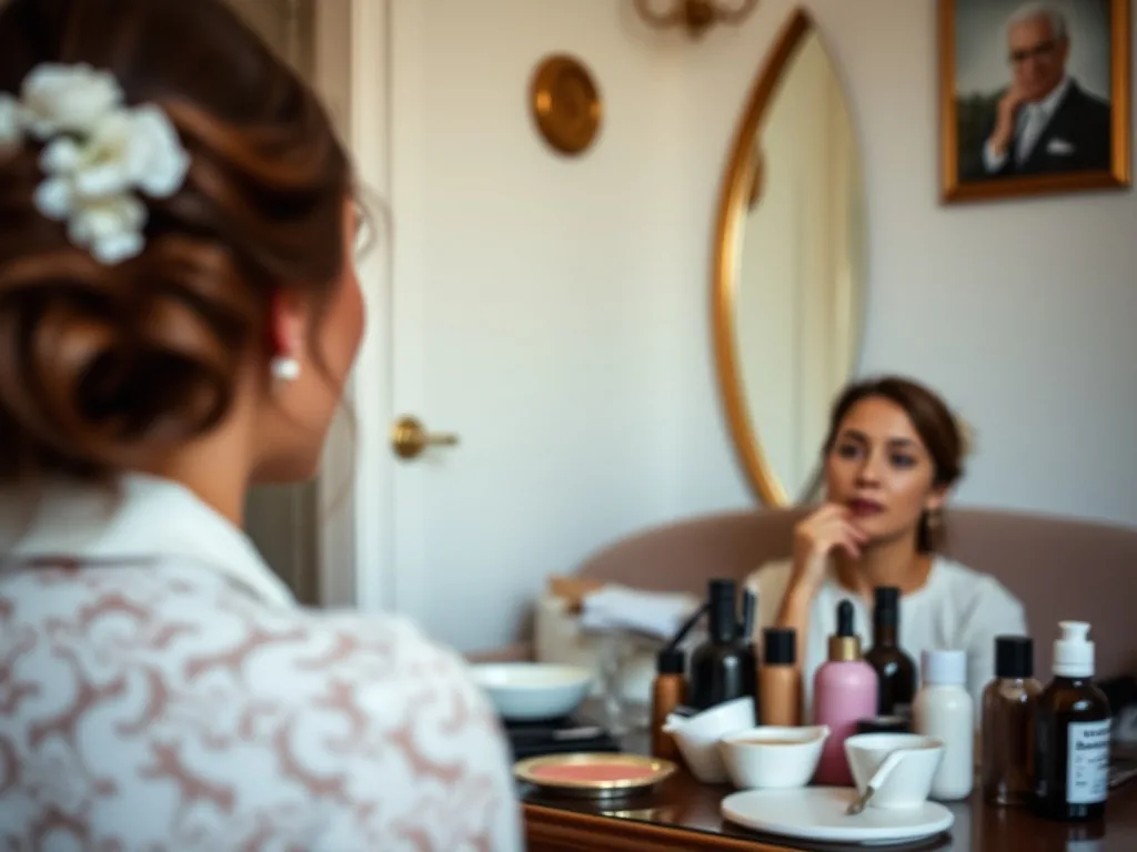 Mariée assise devant un miroir pendant sa préparation, maquilleuse en train d'appliquer du fard à paupières, peignes et