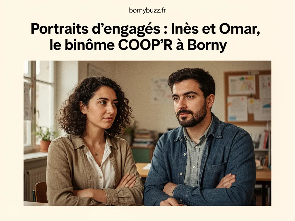 Inès et Omar, volontaires Unis-Cité, posant devant un mur coloré avec une guitare et un ukulélé entre les mains