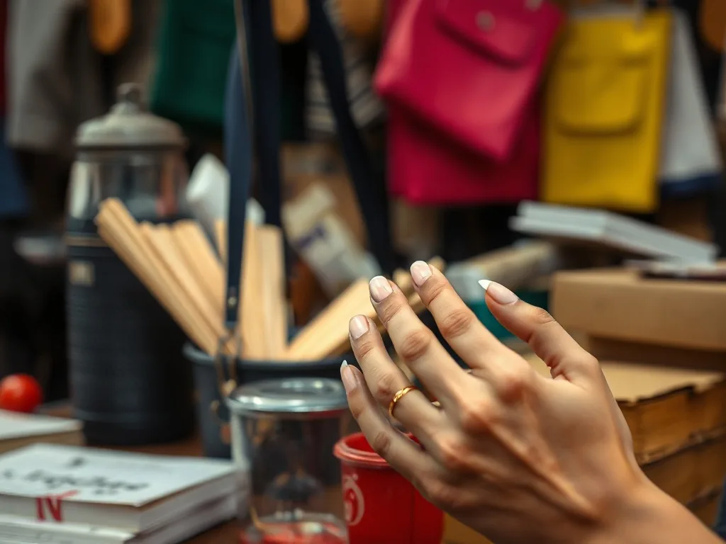 Gros plan sur des ongles courts portant un nail art chrome discret, géométrique et une teinte nude réhaussée de reflets